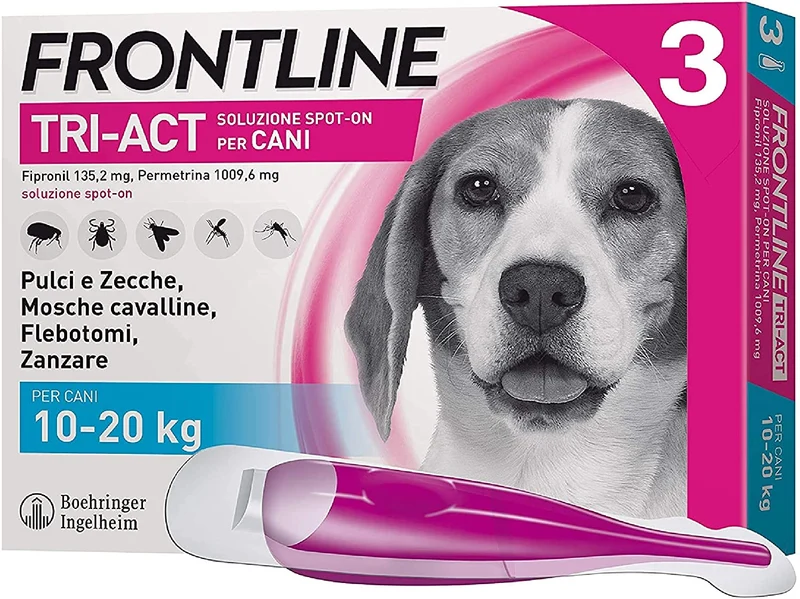 Frontline Triact, 3 Pipette, Cane L (20 - 40 Kg), Antiparassitario per Cani e Cuccioli di Lunga Durata, Protegge il Cane da Pulci, Zecche, Zanzare, Pappataci e Leishmaniosi, Antipulci 3 Pipette