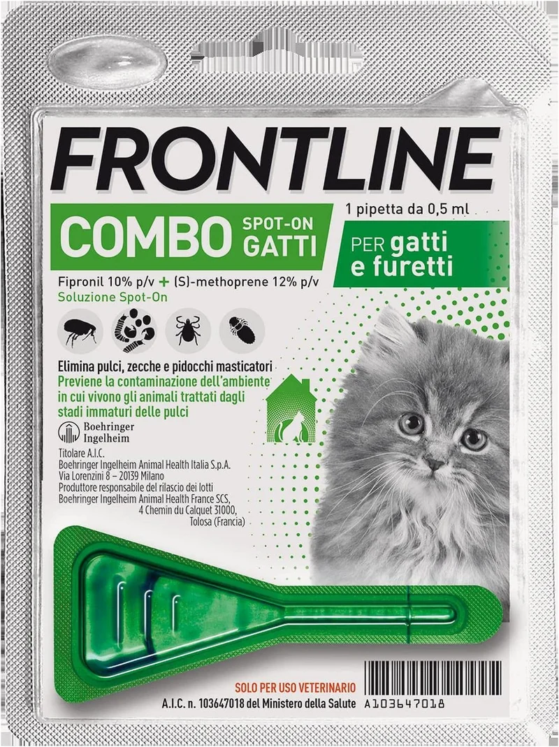 Frontline Combo, Pipette, Antiparassitario per Gatti, Gattini e Furetti di Lunga Durata, Protegge da Pulci, Zecche, Uova, Larve e Anche la Casa, Antipulci In Confezione da 0.5 ml