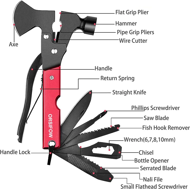 ORSIFOW Multitool 18 in 1, Coltello Multiuso con Ascia,Sopravvivenza Martello Pinze Cacciavite Apri Bottiglia per Campeggio Caccia Pesca, Emergenza & Outdoor Sopravvivenza Strumenti, Regali per Uomo