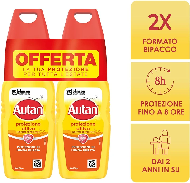 Autan Protezione Attiva Vapo Bipacco, Spray Antizanzare Contro Zanzare Comuni e Tigre, Insetto Repellente, Protezione di Lunga Durata, 2 Confezioni (2 x 100 ml)