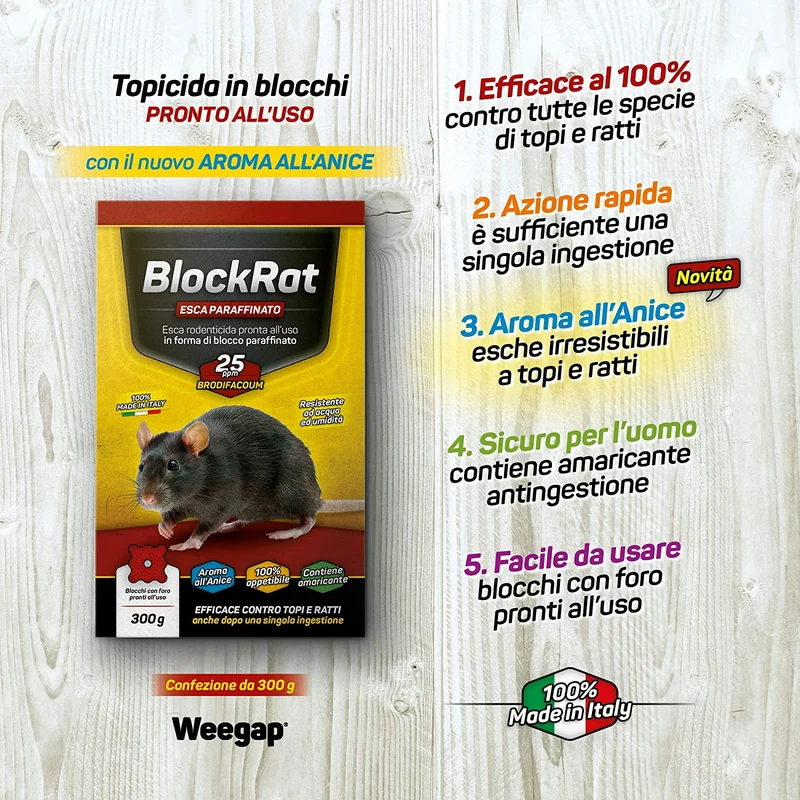 Veleno per Topi e Ratti, Esca Topicida Ratticida Professionale Potente, Novità Aroma all'Anice, Uso Esterno Interno Casa, Disinfestazione Rimedi Eliminare Roditori Azione Forte BlockRat - 300 g
