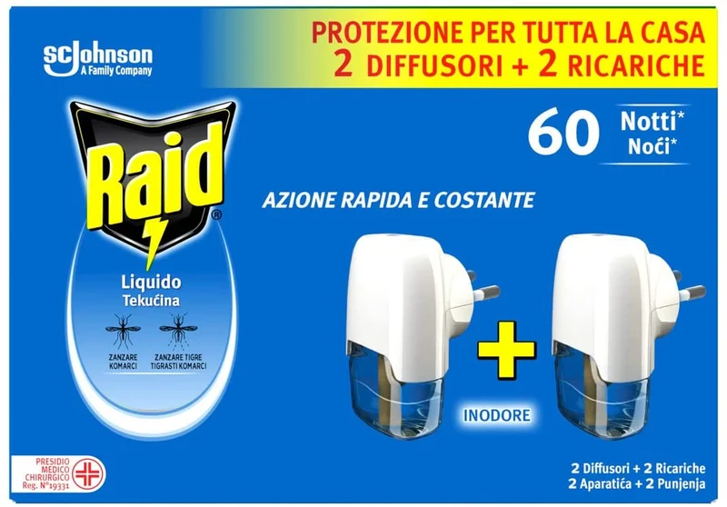 Raid Liquido Elettrico Antizanzare Contro Zanzare Comuni e Tigre, Inodore, Formato Convenienza, Contiene 2 Diffusori e 2 Ricariche, 60 Notti