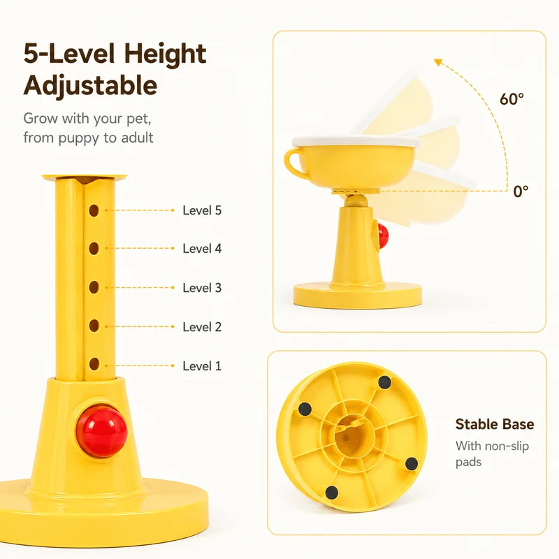 5-Level Adjustable Elevated Pet Bowl – 60° Tilt Feeding Bowl for Cats & Dogs