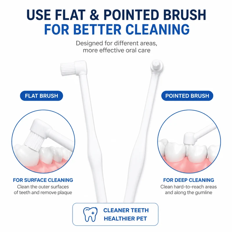 Pet Dental Toothbrush 2-Pack – Flat & Pointed Brush Heads for Cat & Dog Teeth Cleaning