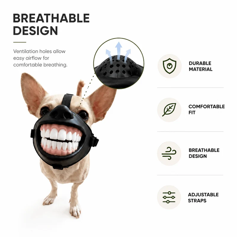 Funny Dog Muzzle with Teeth – Adjustable Novelty Dog Mask