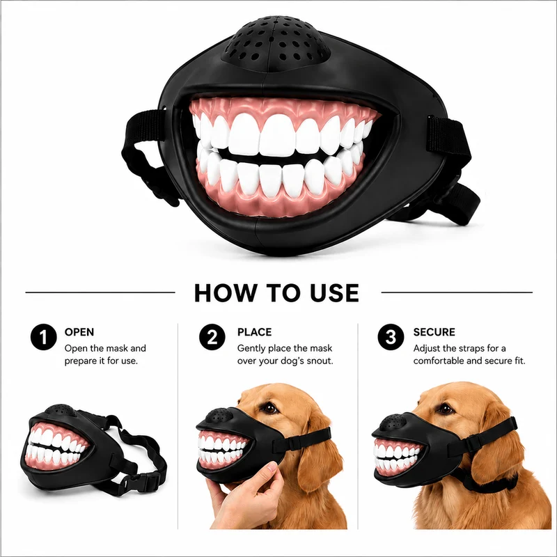 Funny Dog Muzzle with Teeth – Adjustable Novelty Dog Mask
