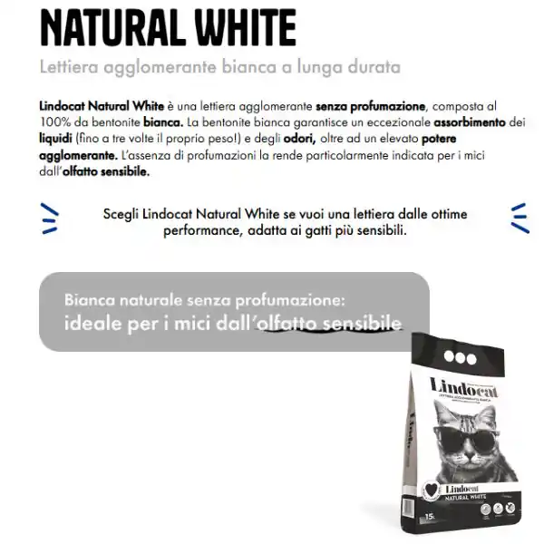 Lindocat Natural White lettiera agglomerante in bentonite bianca senza profumazione
