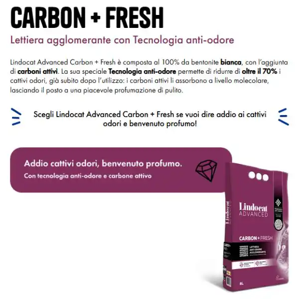 Lindocat Advanced Carbon+Fresh lettiera agglomerante anti odore in bentonite bianca