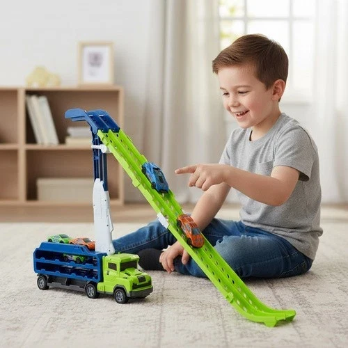 Camion con scivolo per bambini, pista per auto garage per macchinine giocattolo!