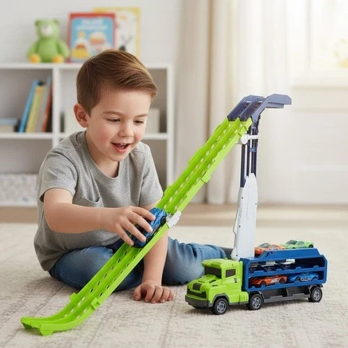 Camion con scivolo per bambini, pista per auto garage per macchinine giocattolo!