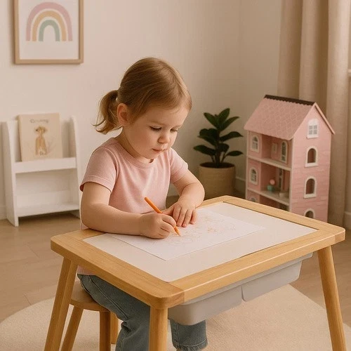 Tavolo per bambini in legno+ 1 sedia tavolino gioco studio lavagna contenitori