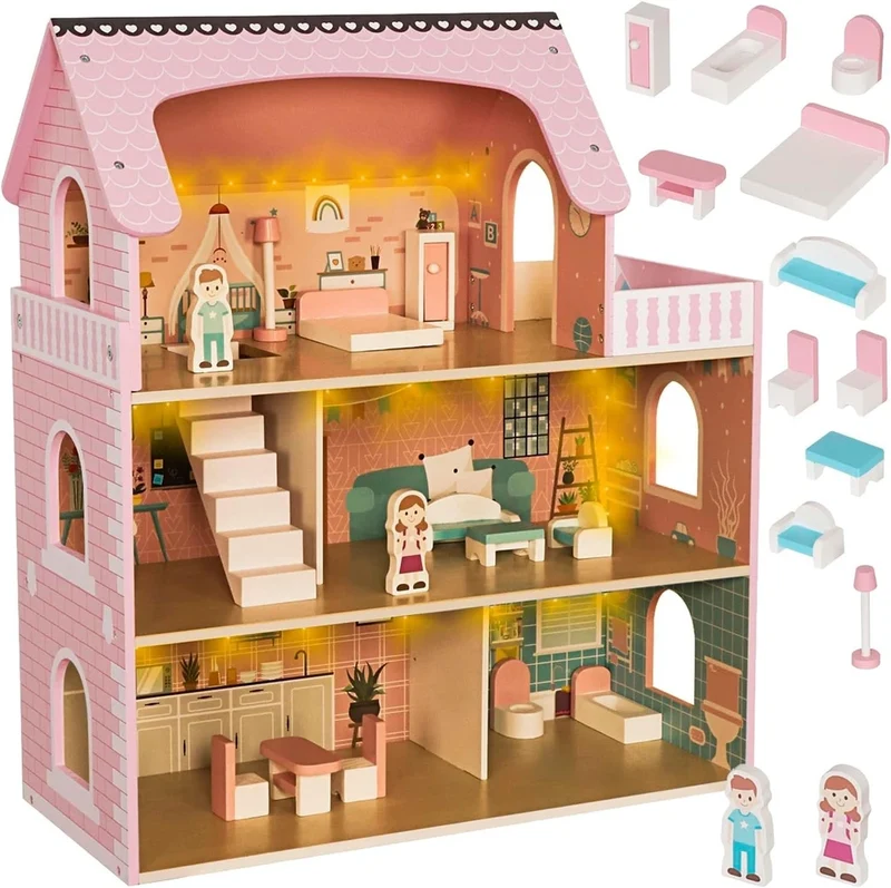 Casa delle Bambole in Legno XXL con luci Led 3 piani con mobili e accessori
