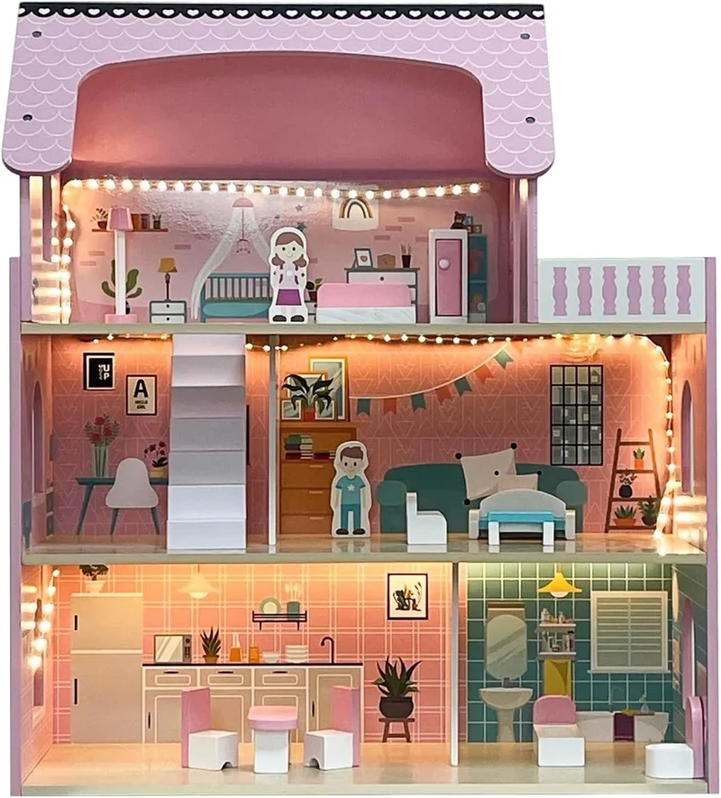 Casa delle Bambole in Legno XXL con luci Led 3 piani con mobili e accessori