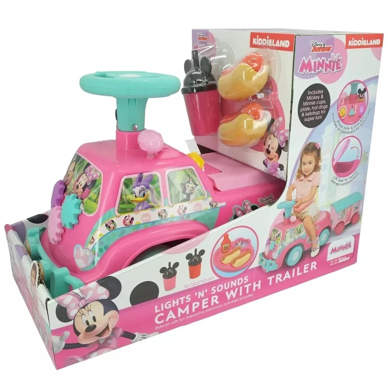Ride on bambini disney auto a spinta cavalcabile minnie con rimorchio e accessori