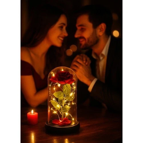 Rosa Eterna luci led Bella La Bestia Rosa Stabilizzata In Vetro+ scatola regalo