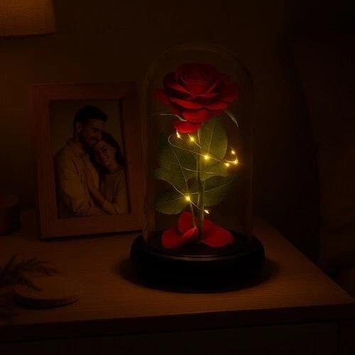 Rosa Eterna luci led Bella La Bestia Rosa Stabilizzata In Vetro+ scatola regalo