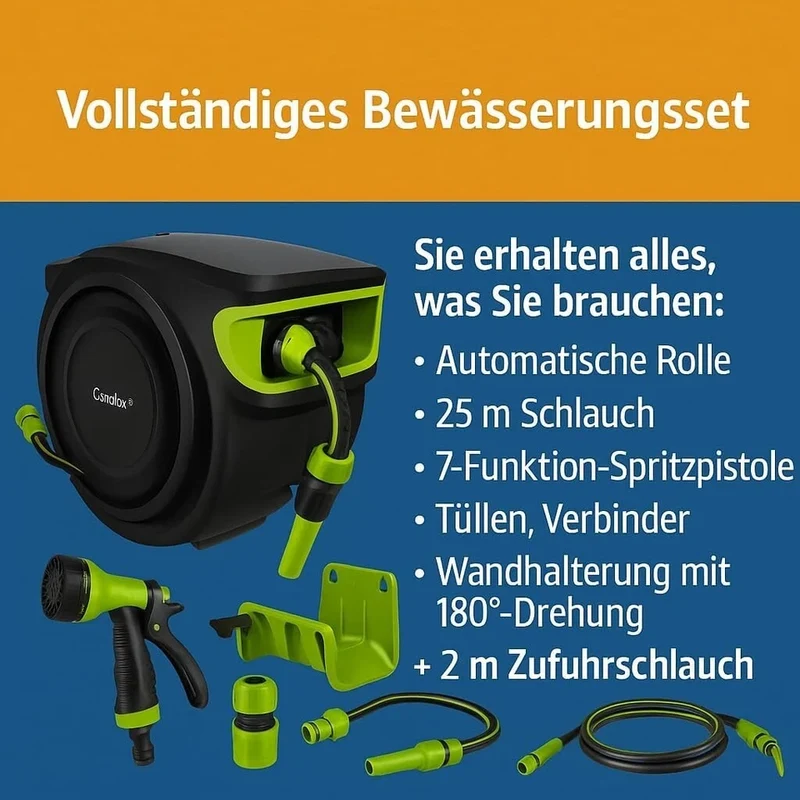 AVVOLGITUBO AUTOMATICO ACQUA GIARDINO GIREVOLE ED AUTOAVVOLGENTE A PARETE 25 MT