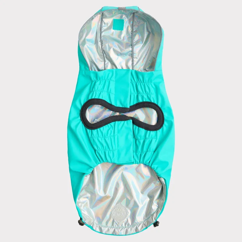 Reversible Dog Raincoat | Neon Aqua & Iridescent