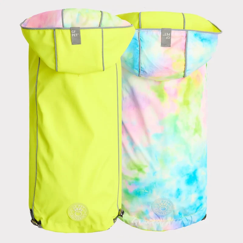 Reversible Dog Raincoat | Neon Yellow and Tie-Dye