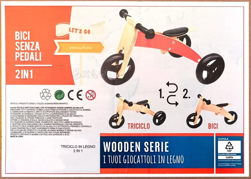 BICI SENZA PEDALI in LEGNO MOTO TRICICLO CAVALCABILE