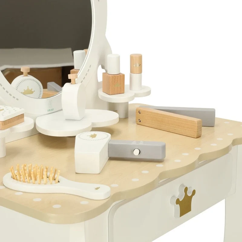 Specchiera giocattolo in legno specchio per bambine con accessori e sgabello