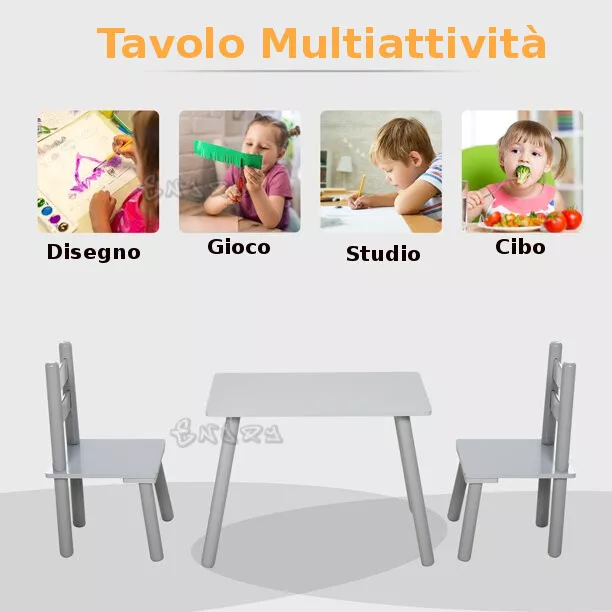 Set composto da Tavolo multifunzione in legno per bambini+ 2 Sedie
