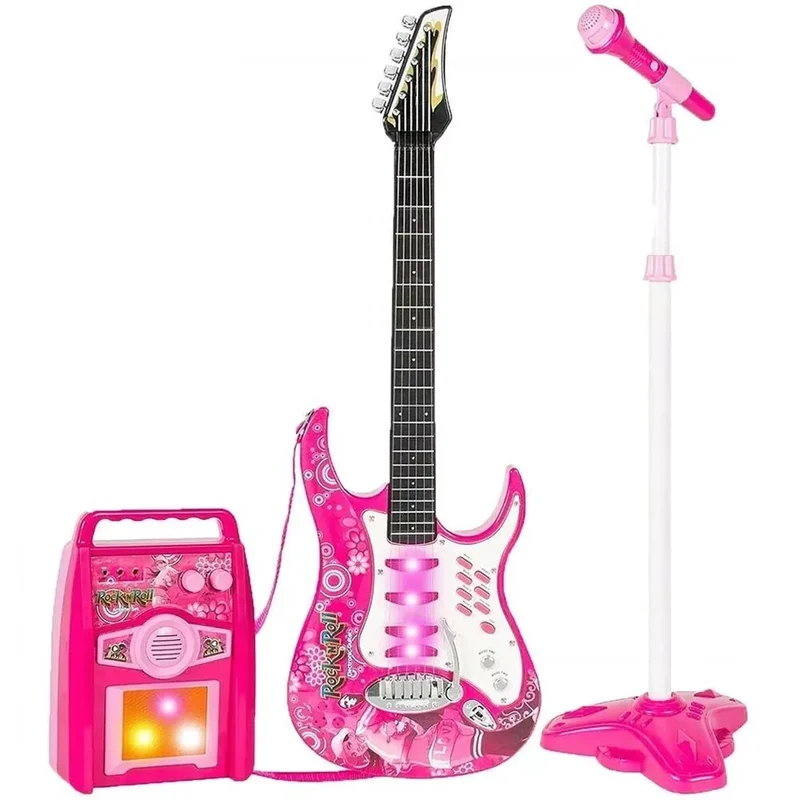 chitarra elettrica rosa set karaoke per bambina con asta microfono amplificatore