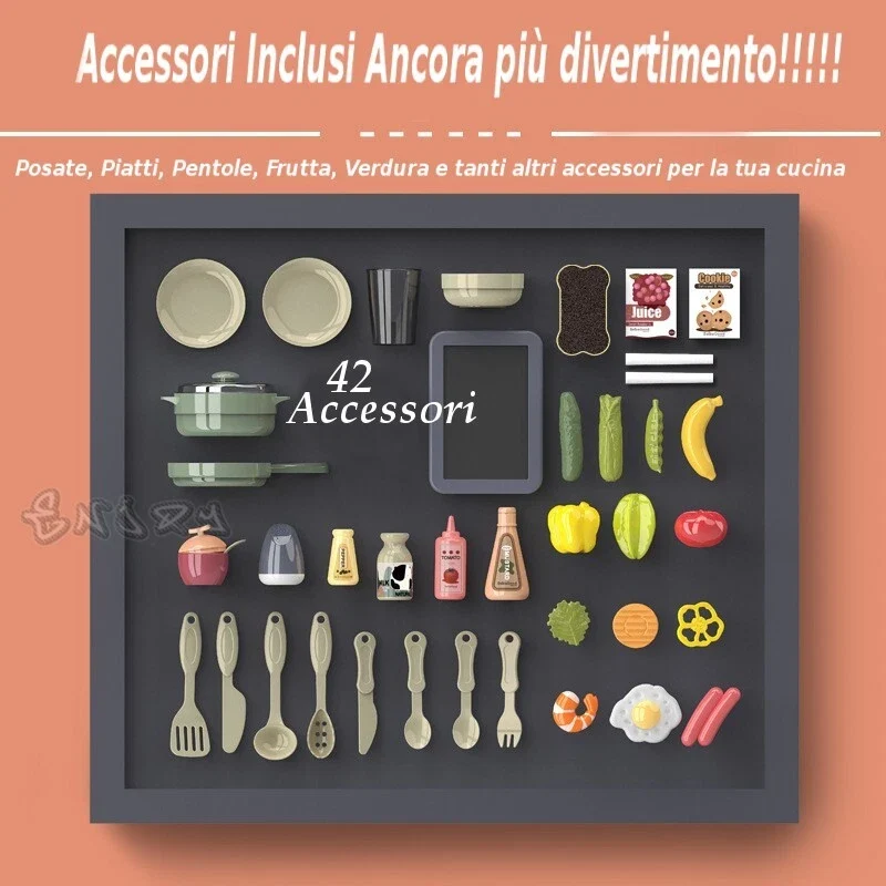 Cucina Giocattolo per bambini con vapore acqua Suoni Luci e Accessori Inclusi