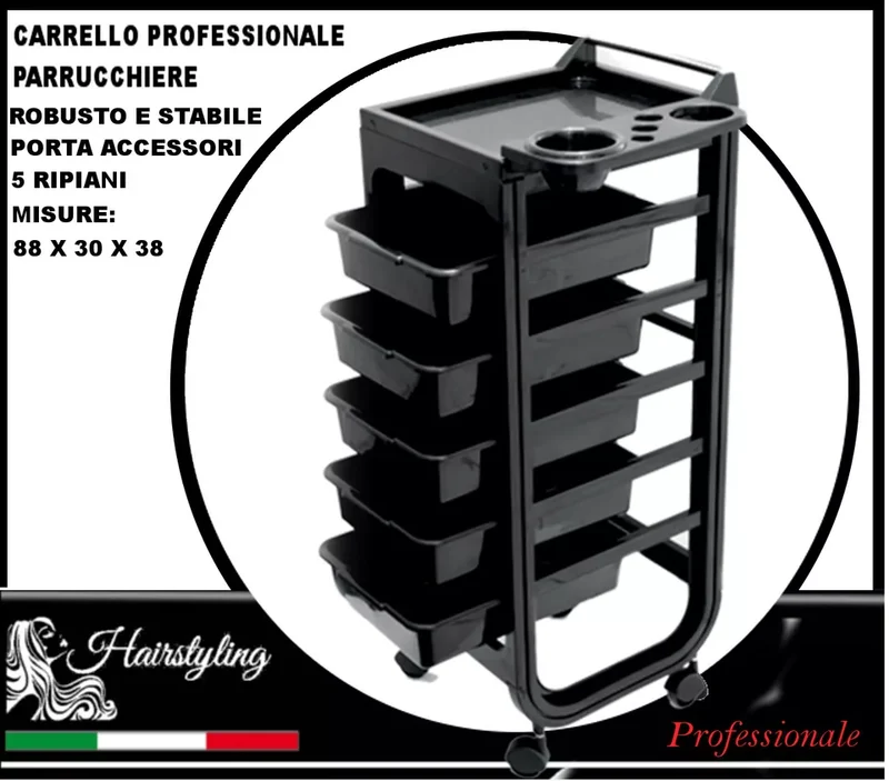 Carrello per parrucchiere professionale 5 cassetti porta accessori parrucchieri