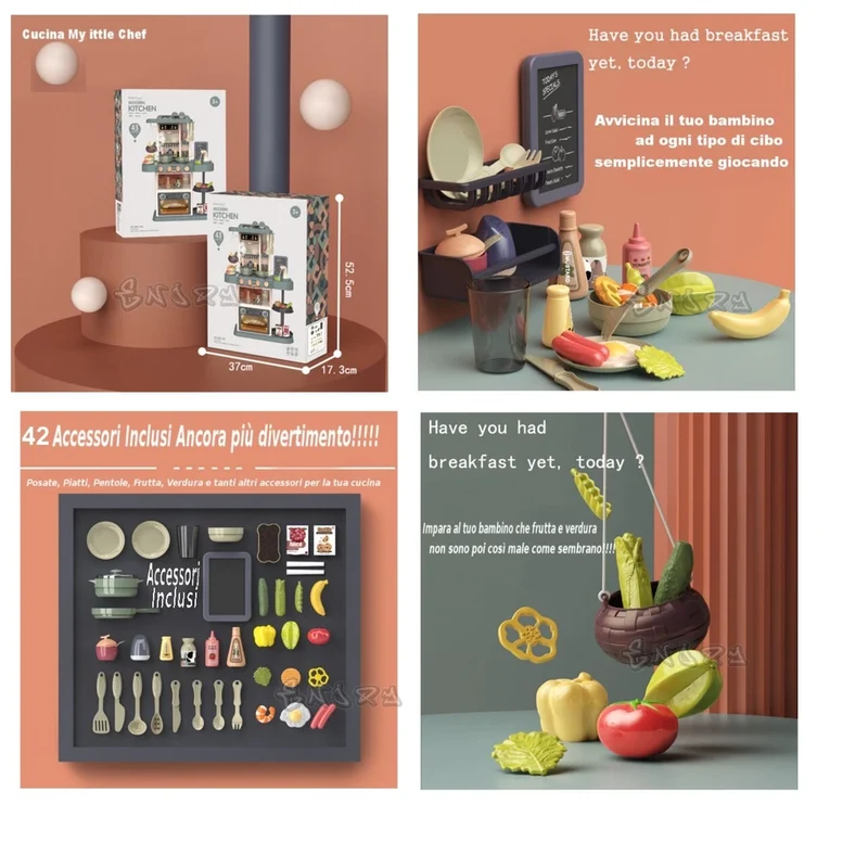 Cucina Giocattolo GRANDE per bambini Suoni Luci Vapore Acqua e Accessori Inclusi