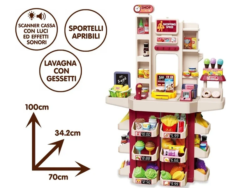 SUPERMERCATO GIOCATTOLO BAMBINI CON LUCI SUONI ACCESSORI e lavagna altezza 1 MT
