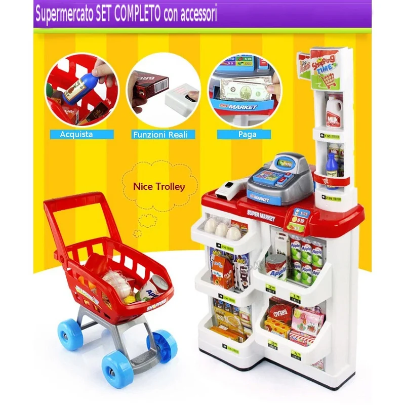 SUPERMERCATO GIOCATTOLO BAMBINI CON CARRELLO SPESA, CIBI, LUCI E SUONI