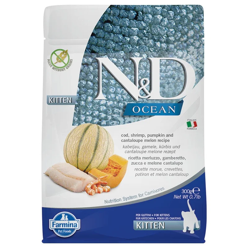 Farmina N&D gatto Ocean Merluzzo, Gamberi, Zucca, Melone Cantalupo Kitten