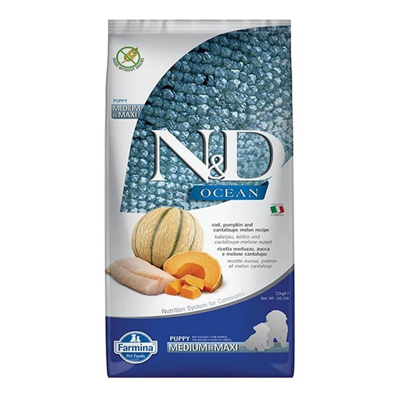 Farmina N&D cane Ocean Merluzzo, Zucca, Cantalupo Puppy Med/Max 12kg