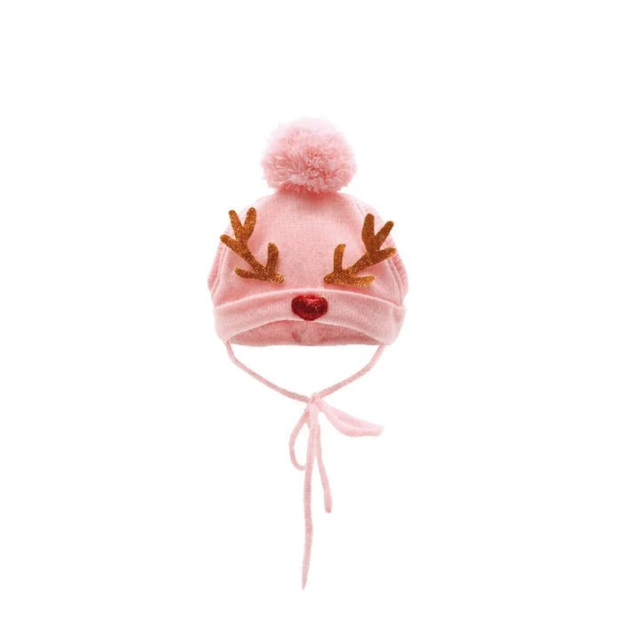 Cappello Elegante Per Cani E Gatti In Maglia Rasata Con Renna - Rosa Pastello