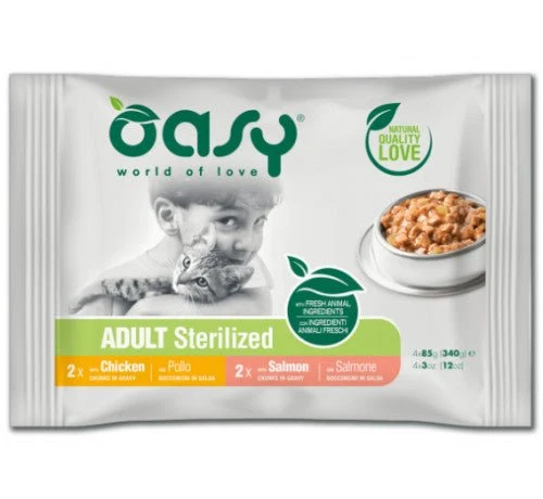Oasy Multipack Bocconcini In Salsa Per Gatti Sterilized Al Pollo E Al Salmone 4X85 Gr