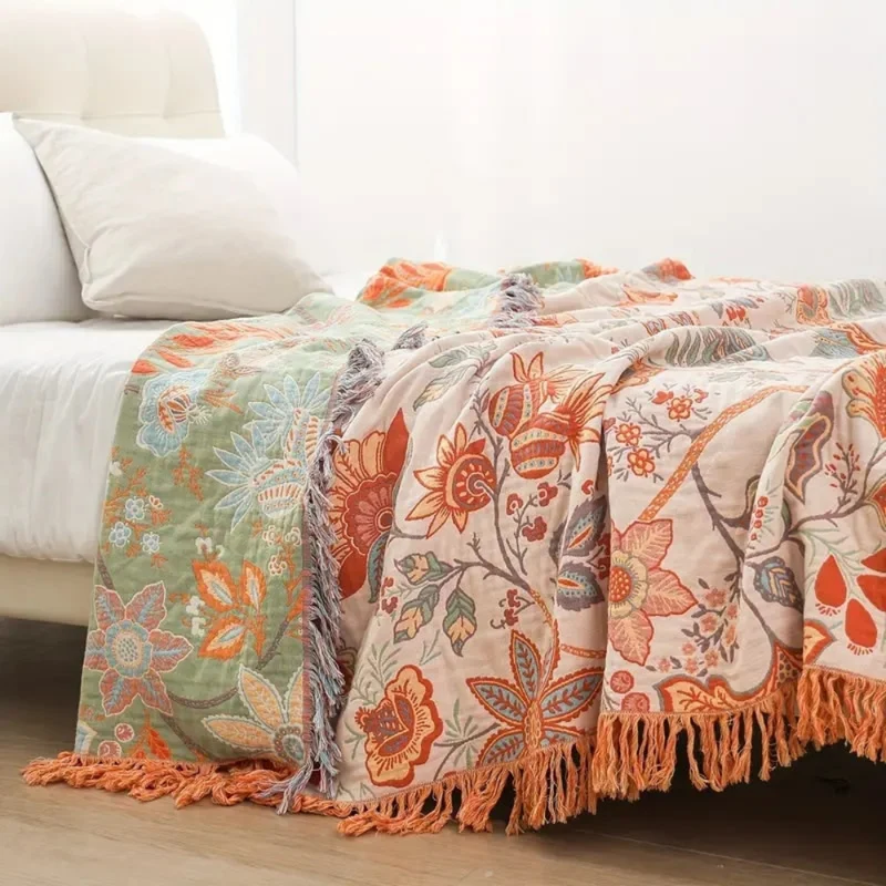 Blanket Throw Fringe Floral Boho Blanket