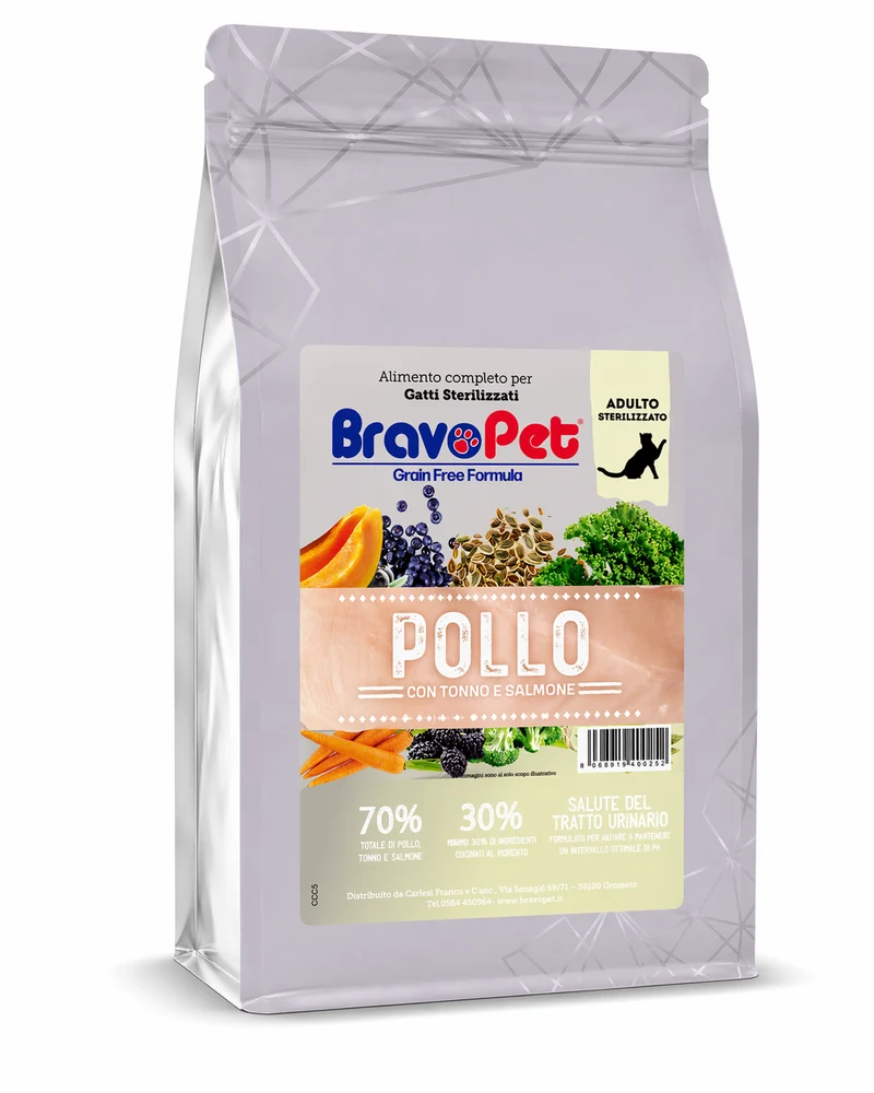 BRAVOPET CAT Pollo con Tonno e Salmone - Gatto adulto sterilizzato