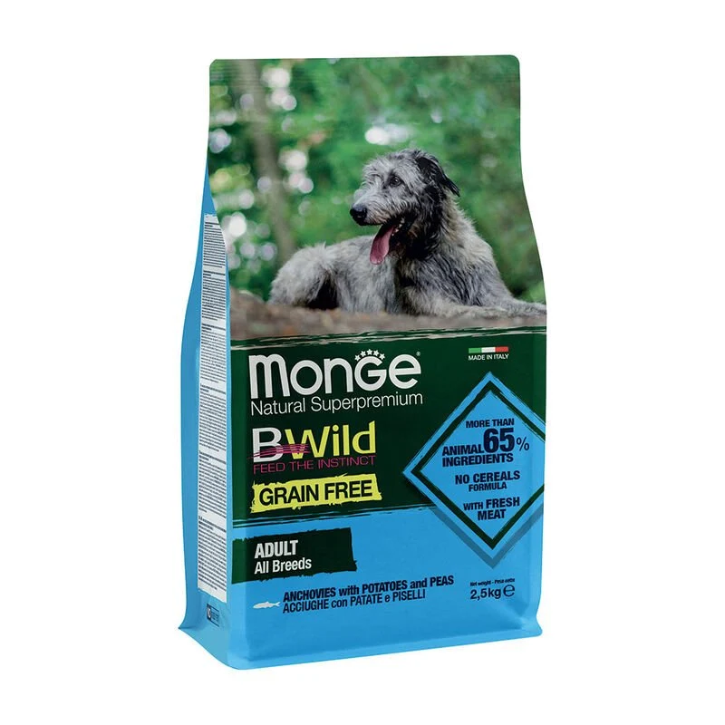 Monge Natural Superpremium Bwild Grain Free Cane Adult Acciughe Con Patate E Piselli