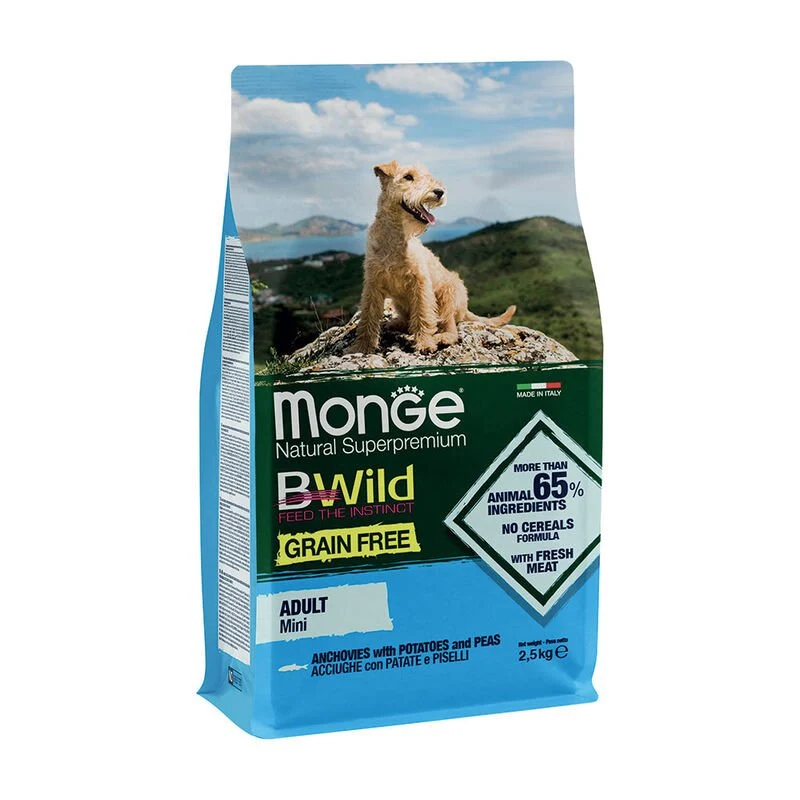 Monge Natural Superpremium Bwild Grain Free Cane Mini Adult Acciughe Patate E Piselli 2,5 Kg