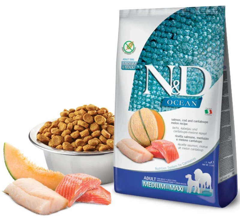 Farmina N&D cane Ocean Salmone, Merluzzo, Cantalopo Adult Med/Max Kg 12