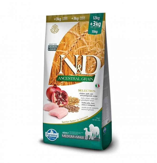 Farmina N&D cane Ancestral Pollo E Melograno Adult Medium/Maxi 12+3 Kg.