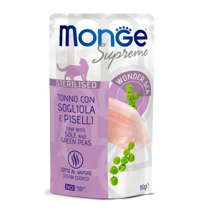 Monge Supreme Gatto Sterilizzato 80Gr In Busta Tonno, Sogliola E Piselli