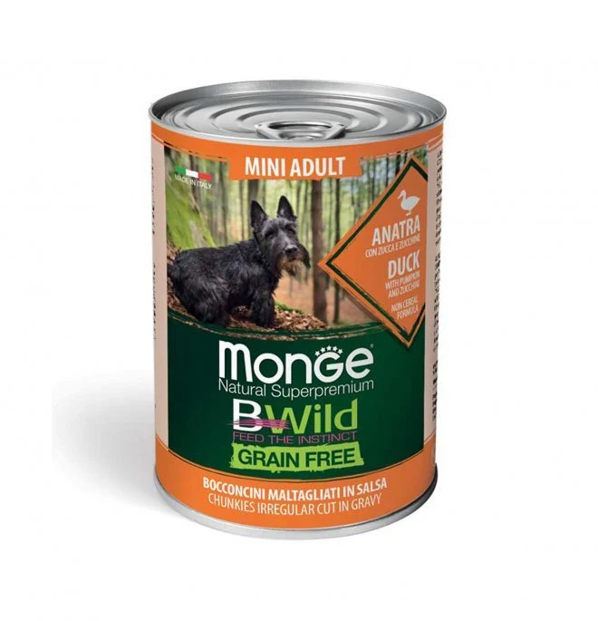 Monge Natural Superpremium Bwild Grain Free Cane Mini Adult 400Gr Con Anatra, Zucca E Zucchine