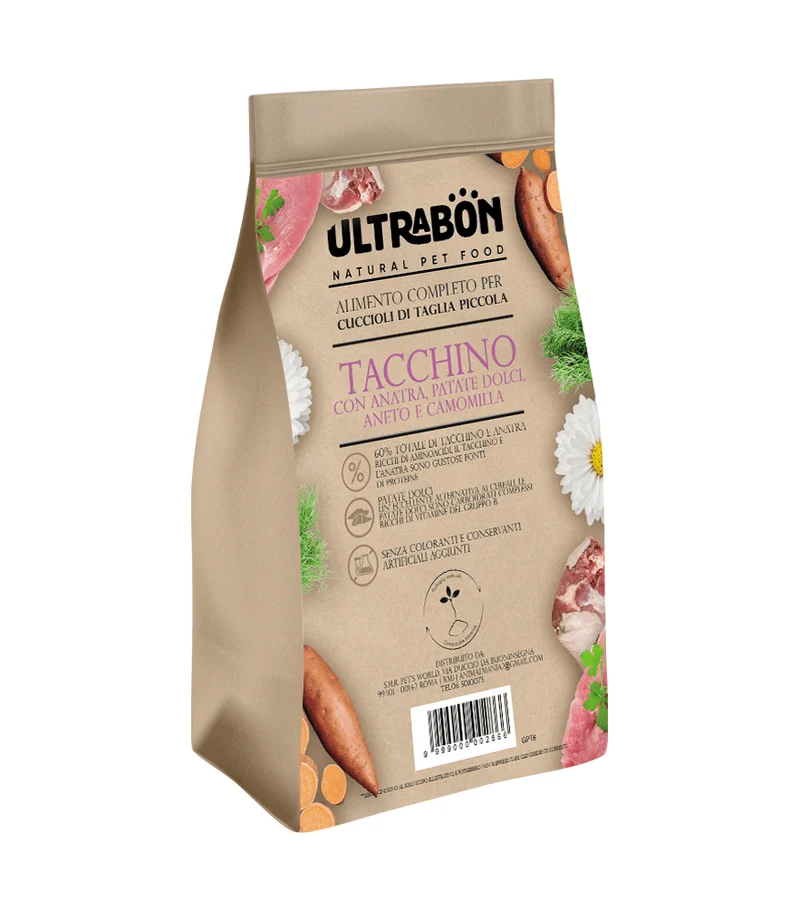 Ultrabon Cibo Per Cani Puppy Di Taglia Piccola Gusto Tacchino Con Anatra,Patate ,Aneto E Camomilla