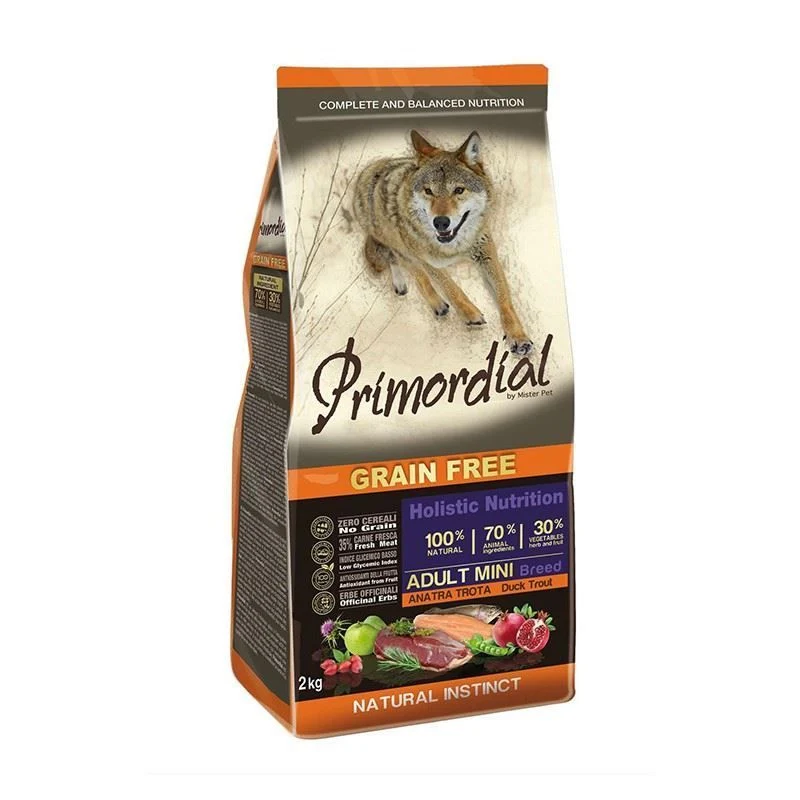 Primordial Grain Free mini Cibo Per Cani Gusto Anatra E Trota 2Kg
