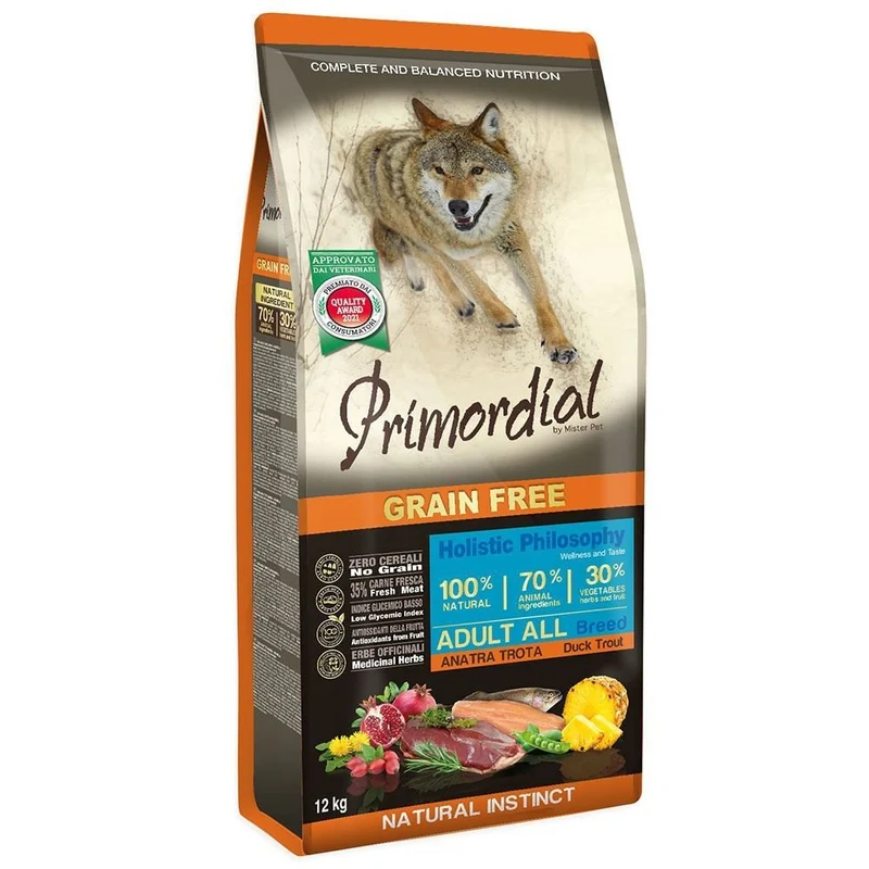 Primordial Grain Free Cibo Per Cani Gusto Anatra E Trota 12Kg