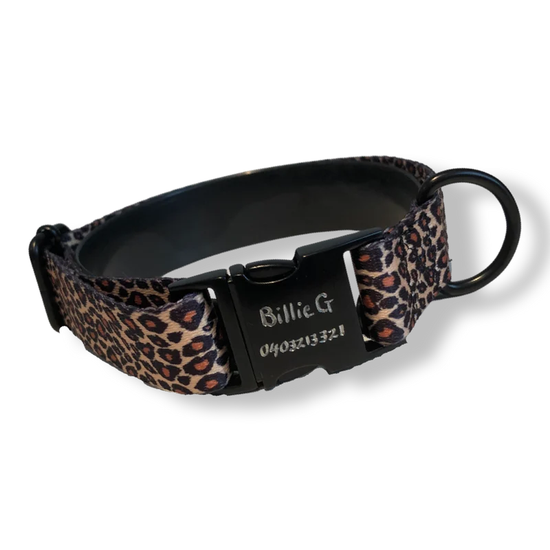 BillieG Leopard Print Adjustable Nylon Collar & Bow tie with Quick Release Black Engravable Metal Buckle