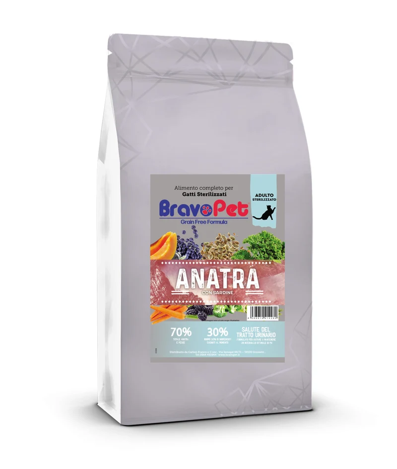 Bravopet gatto 1,5kg Sterilizzato Anatra con Sardine