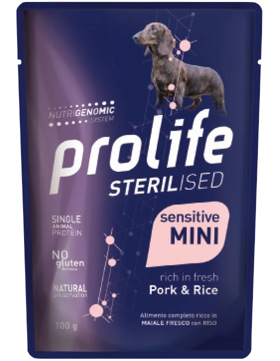 Prolife Sterilised Sensitive Adult Pork & Rice Mini Bocconcini Di Maiale E Riso Per Cani Adulti Sterilizzati 100g